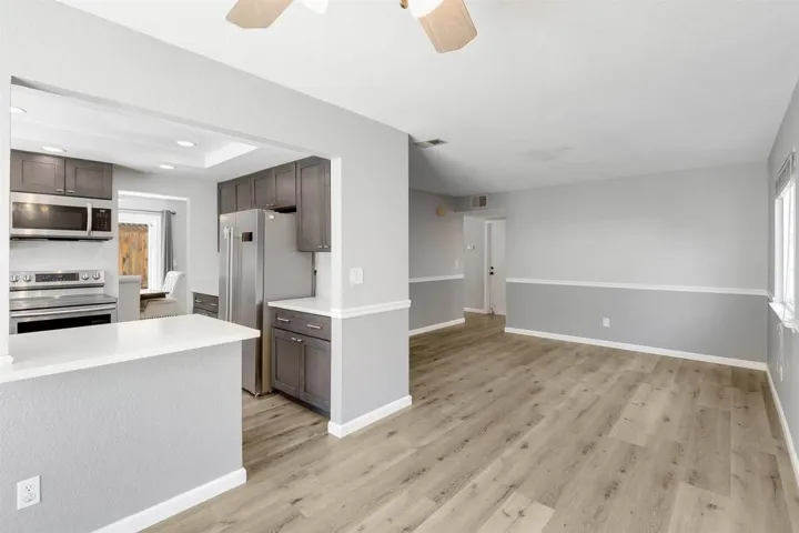 Kitchen featuring stainless steel appliances, a ceiling fan, light wood-type flooring, dark brown cabinets, and plenty of natural light