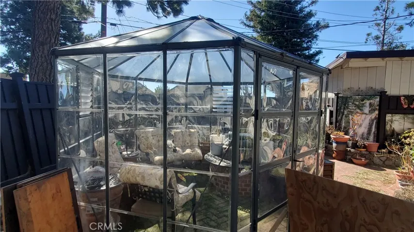 This green house is in the patio of the garage studio.