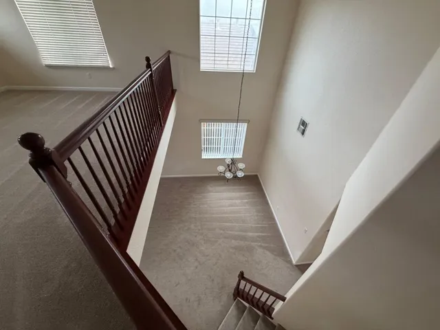 Staircase featuring carpet flooring, a chandelier, and a towering ceiling