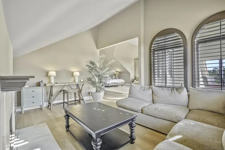 This sitting area and office is off the primary bedroom .