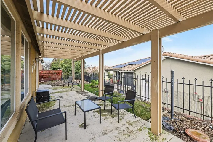 Fenced backyard with a patio area, a pergola, and outdoor lounge area