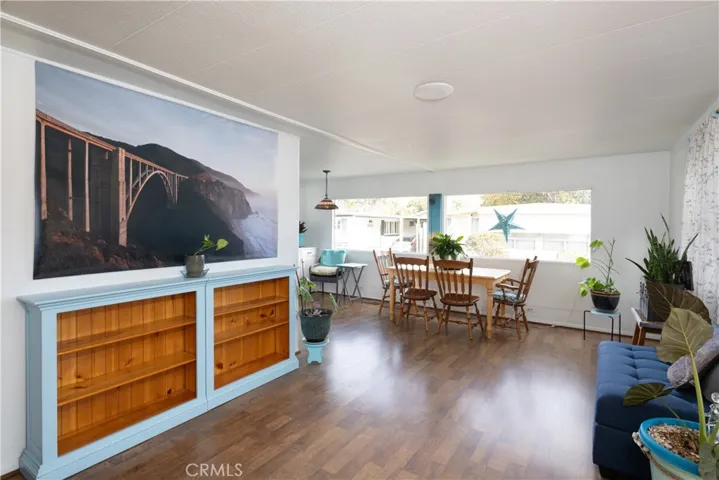 Built in cabinets in the living room for entertainment storage with a beautiful wall hanging above.