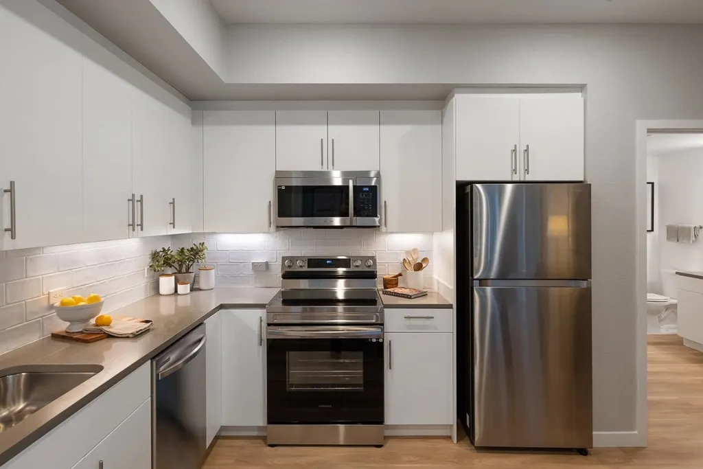 Kitchen with appliances with stainless steel finishes, white cabinets, decorative backsplash, and light wood finished floors