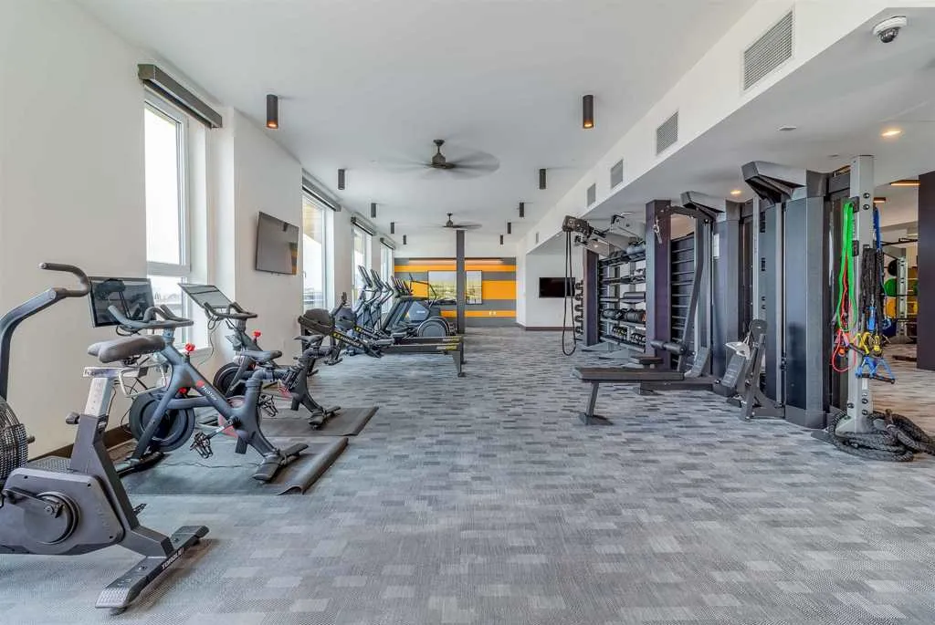 Exercise room featuring carpet flooring and ceiling fan