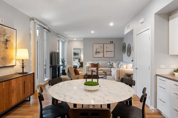 Dining room featuring light wood-style floors and recessed lighting