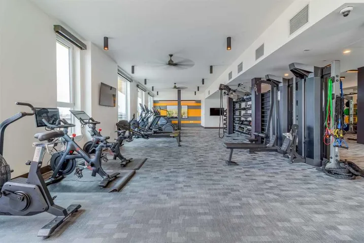 Exercise room featuring carpet flooring and ceiling fan