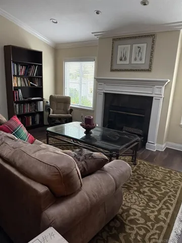 Fireplace with windows on both sides for lots of nice natural light and skylights.