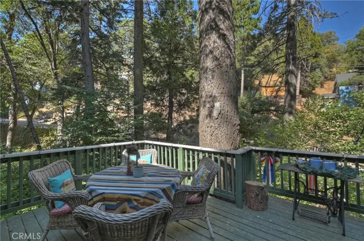 Tree-lined outdoor patio perched above a seasonal creek, creating a tranquil extension of the home with a strong connection to nature.