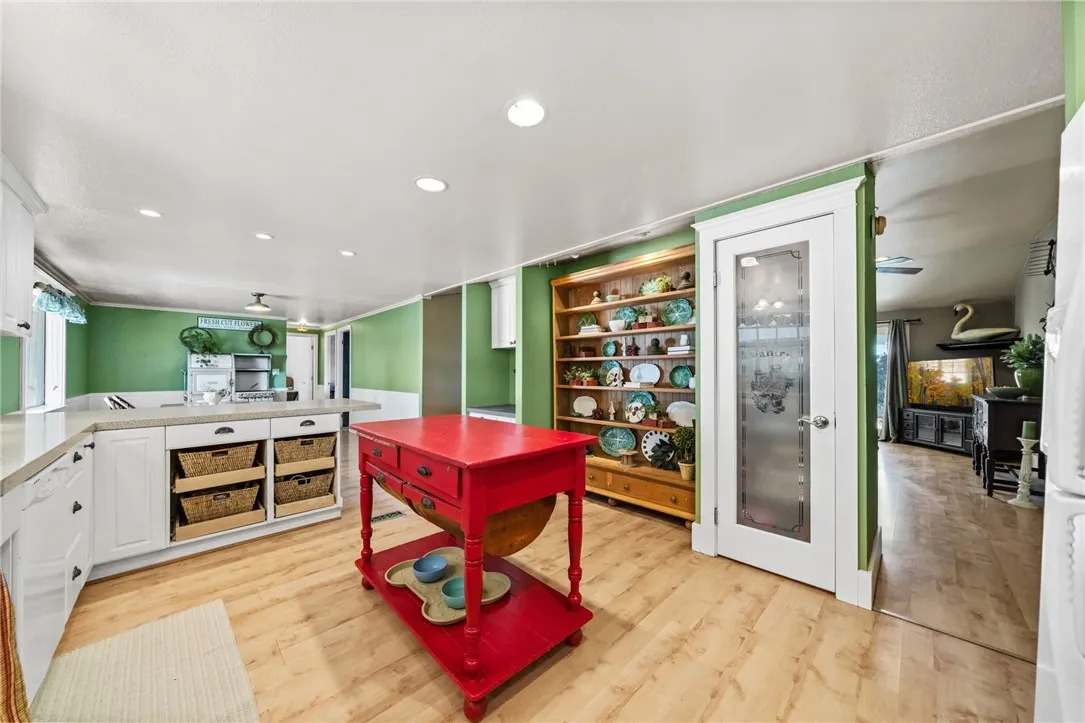 View of lower cabinets that roll out for storage and pantry