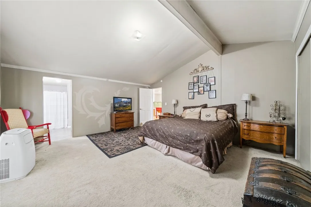 Primary bedroom has vaulted ceiling
