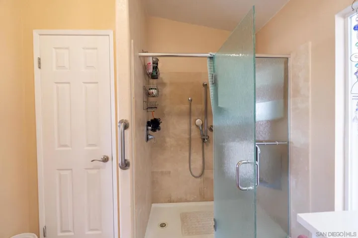 walk-in shower, custom shower door, and grab bars.