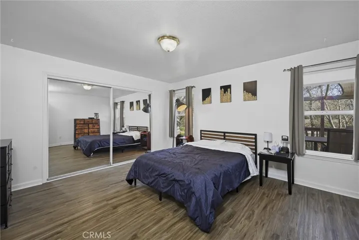 Primary bedroom has large closet and solid surface flooring.