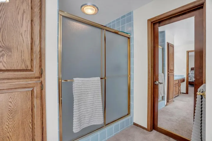 Bathroom with light carpet and a stall shower