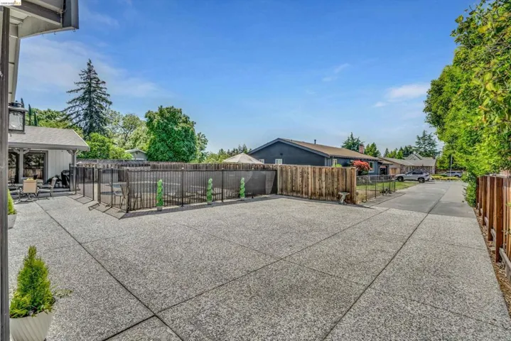 Fenced backyard with a residential view and a patio area