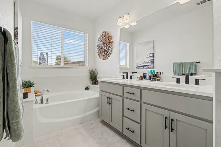 Bathroom with a garden tub and double vanity