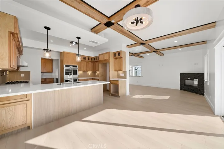 Dining room, kitchen, and living