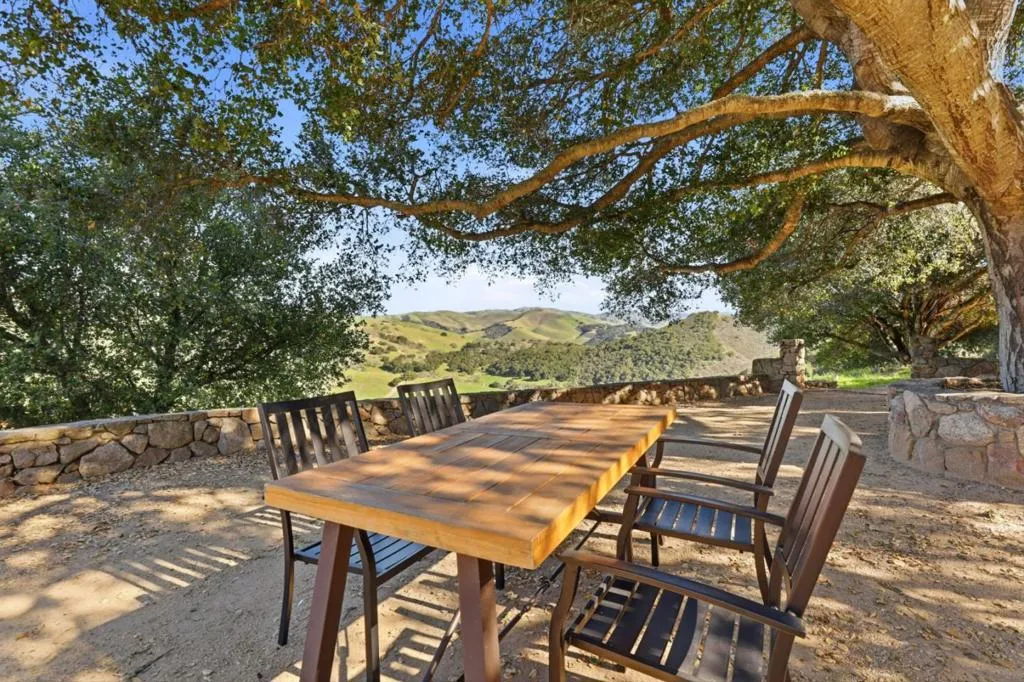 Naturally sheltered outdoor living area under mature oak