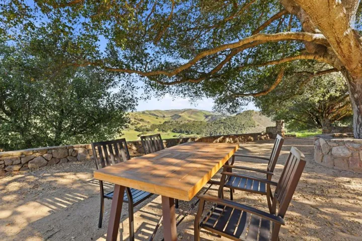 Naturally sheltered outdoor living area under mature oak