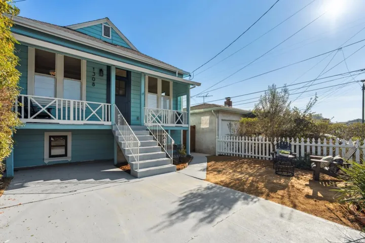 View of front facade featuring covered porch and stairs
