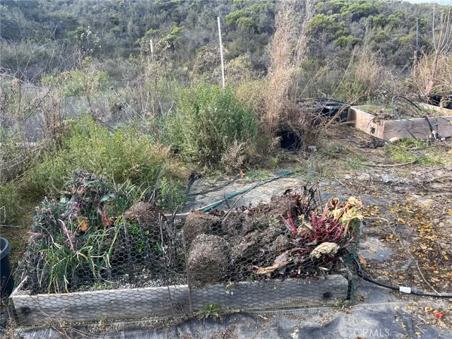 Fenced garden area with raised beds