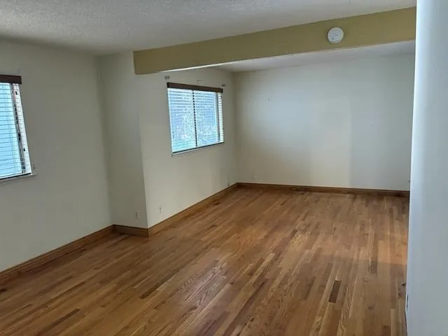 Spare room featuring wood finished floors and a textured ceiling
