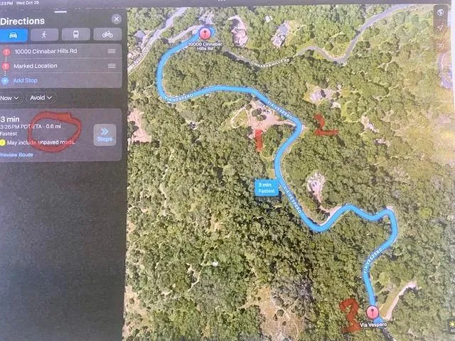 Route from the bridge to 3 (driveway entrance of the future house). 1 & 2 are other's properties.