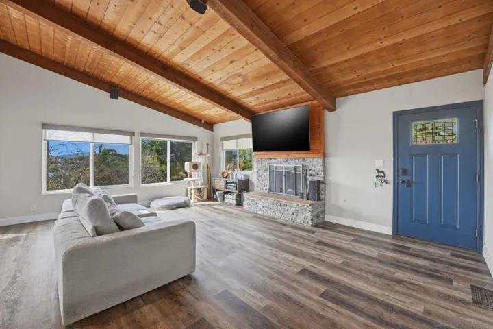 Open living space with fireplace and views