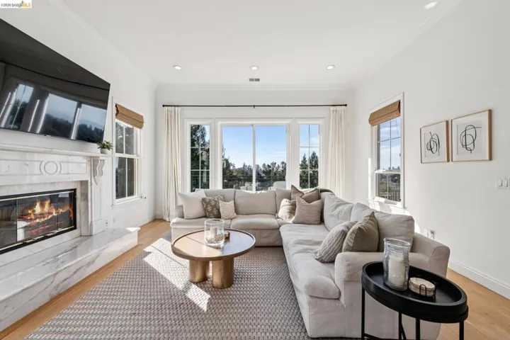 Living area featuring light wood-type flooring, ornamental molding, a high end fireplace, and recessed lighting. Virtual fire.