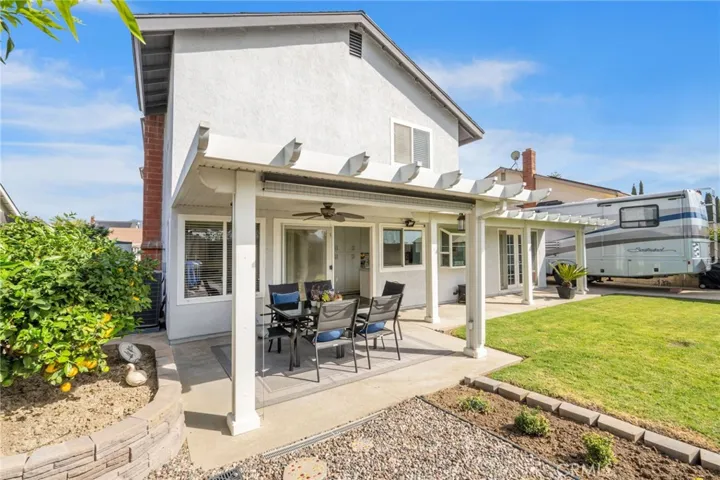 Backyard patio either fan, motorized sunscreen