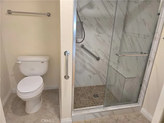 Primary bathroom shower area under a skylight