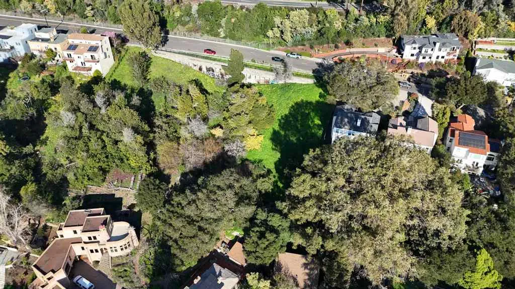 Aerial perspective of suburban area featuring a tree filled landscape