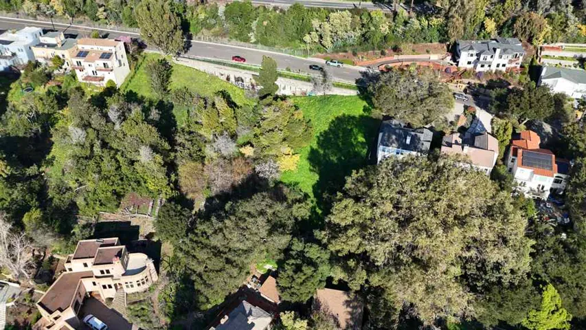 Aerial perspective of suburban area featuring a tree filled landscape