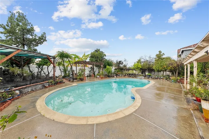 Opposite angle showing generous poolside hardscape and surrounding garden beds/planters.
