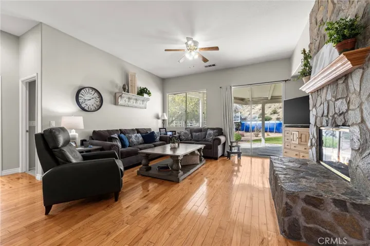 Family room with stone fireplace