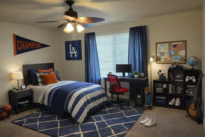 Bedroom featuring dark colored carpet, ceiling fan, and a desk