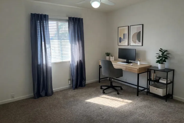 Office area with a ceiling fan and carpet