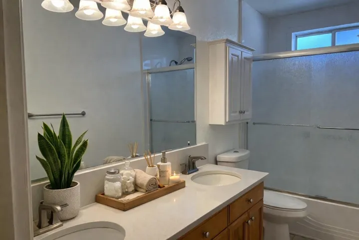 Bathroom featuring double vanity and bath / shower combo with glass door