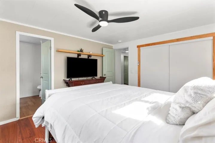 Bedroom with ceiling fan and closet