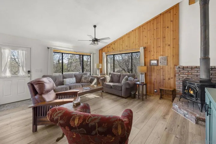 Vaulted ceiling with warm wood detail.