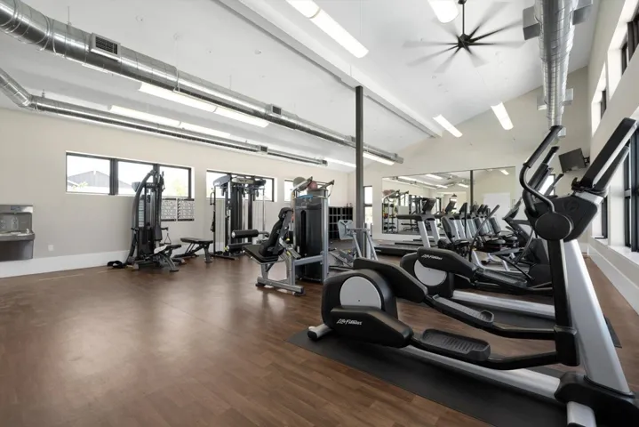 workout area featuring lofted ceiling and a ceiling fan
