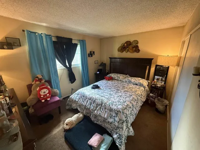 Carpeted bedroom featuring a textured ceiling
