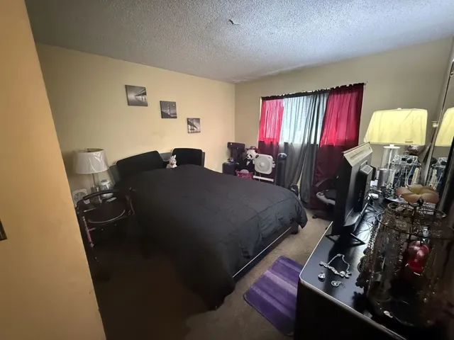Bedroom featuring a textured ceiling and carpet floors