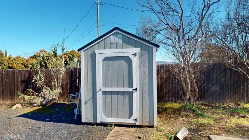 Close up of small storage shed used for yard tools