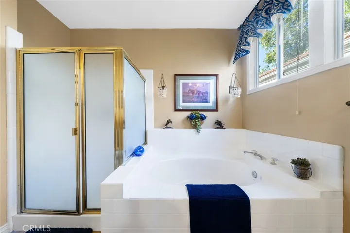 Large tub and shower in the downstairs primary bathroom.