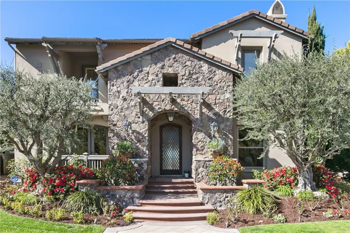 Custom stone entry with beveled glass front door
