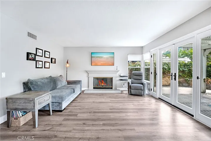 Family room with a fireplace.