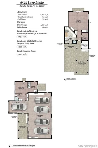 Floor Plan of the Garage and Caretaker's Apartment and Cabana with Break Down of total sf.