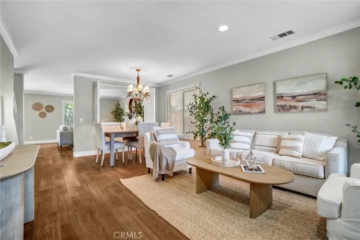 Light-filled living room with wood-style flooring and an open flow into the dining area