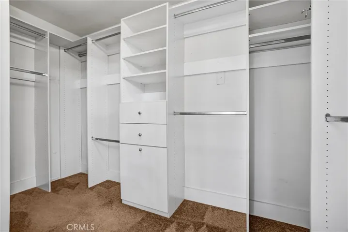 Large walk-in primary closet with built-in shelving and multiple hanging areas