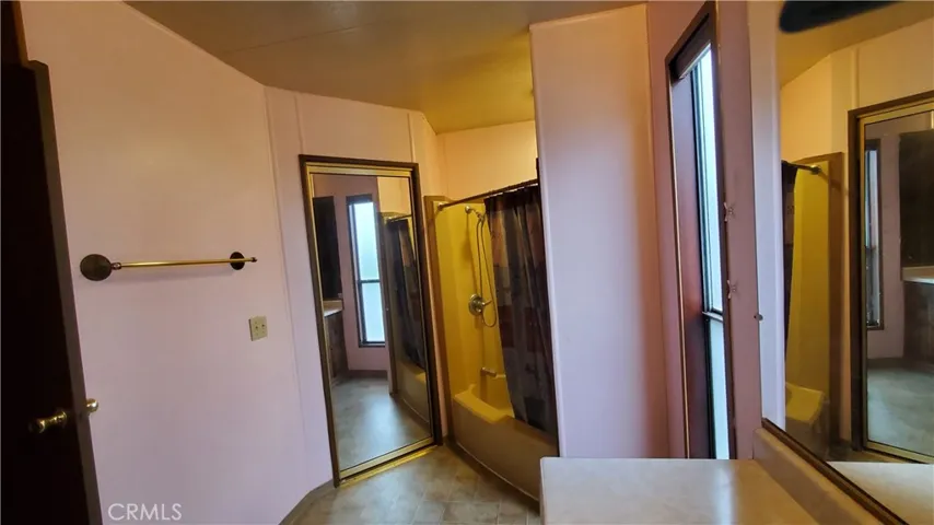 View of master bathroom with tub/shower and walk in closet with mirrored door.